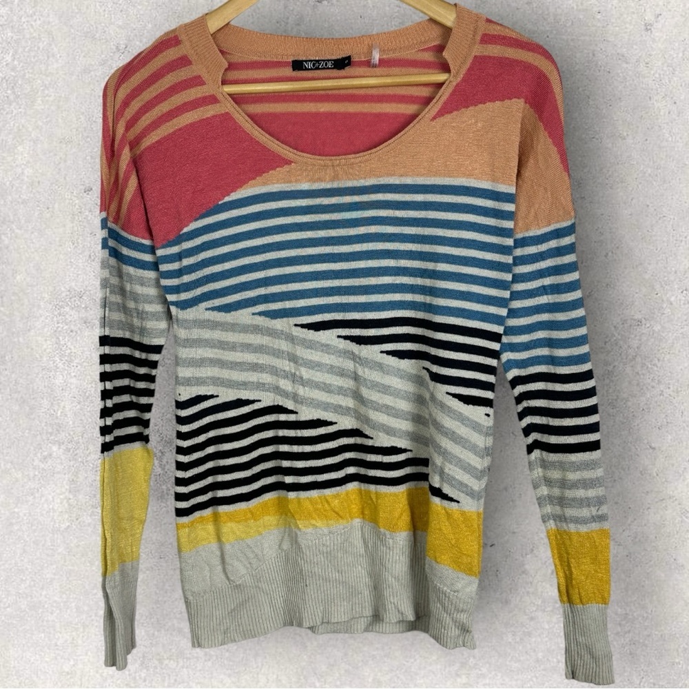 Nic Zoe Striped Knit Sweater Size Small Colorblock Pullover Multicolor Round S